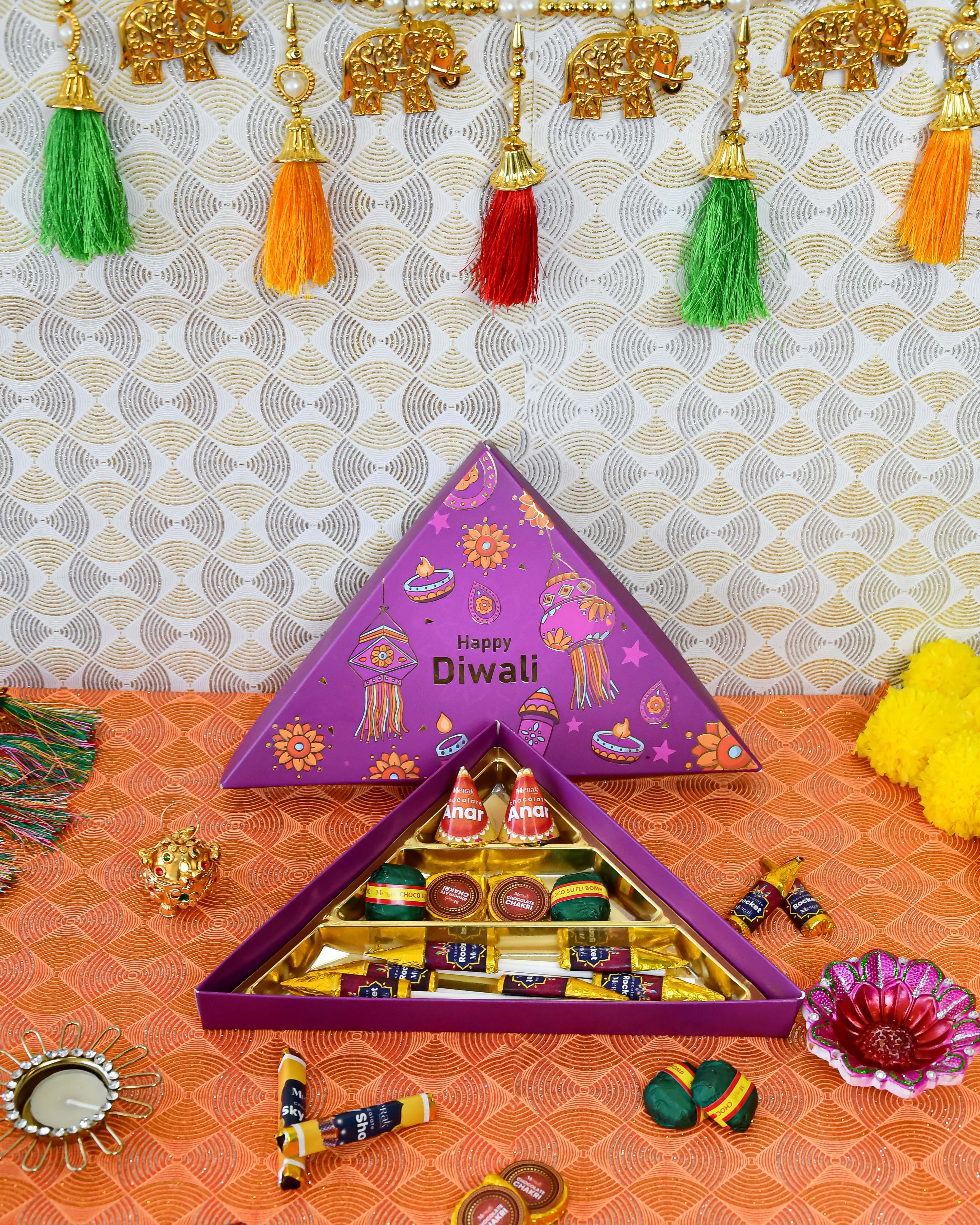 Premium Diwali Cracker Box with rockets, Zameen chakris, Surti bombs, and Anars for festive fun